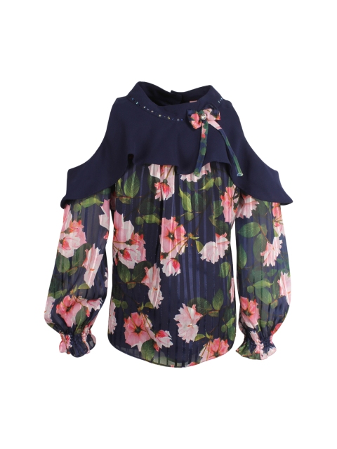 

CUTECUMBER Girls Navy Blue Printed Cold Shoulder Top