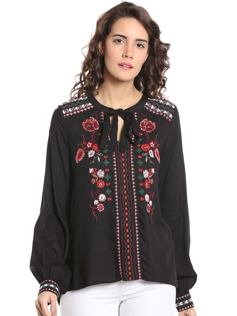 

Vero Moda Women Black & Red Embroidered A-Line Top