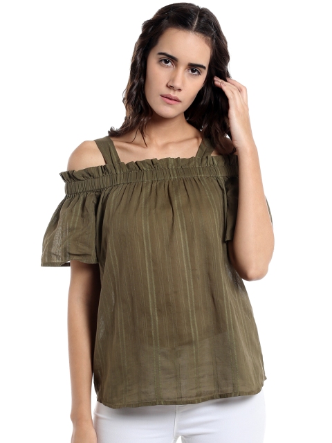

Vero Moda Women Olive Green Self-Design Semi-Sheer Pure Cotton Top