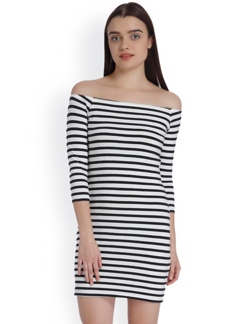 

Vero Moda Women Black & White Striped Off-Shoulder Bodycon Dress
