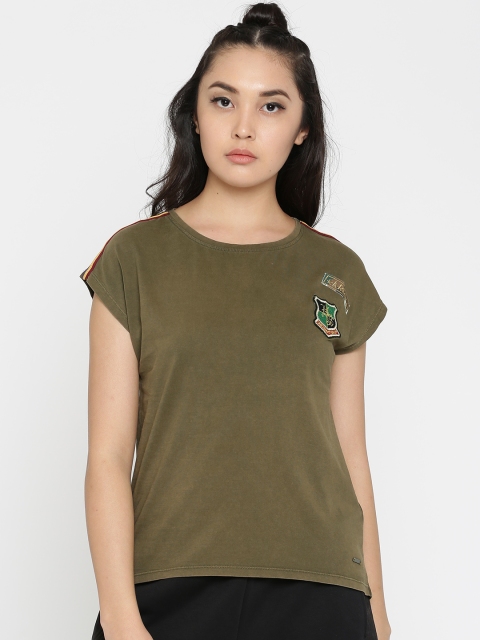 

Vero Moda Women Olive Green Solid Round Neck Longline T-shirt