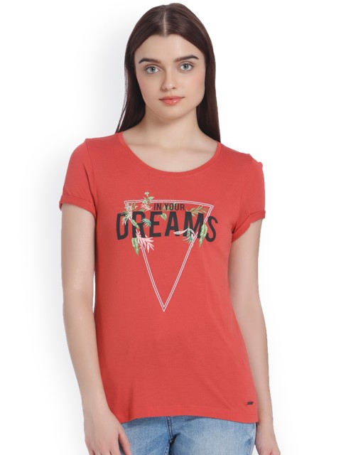 

Vero Moda Women Rust Orange Printed Round Neck T-shirt
