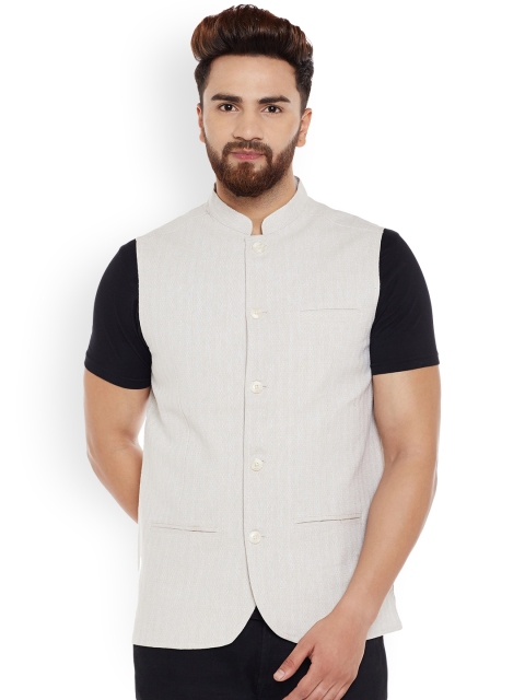 

even Off-White Linen Woven Design Nehru Jacket