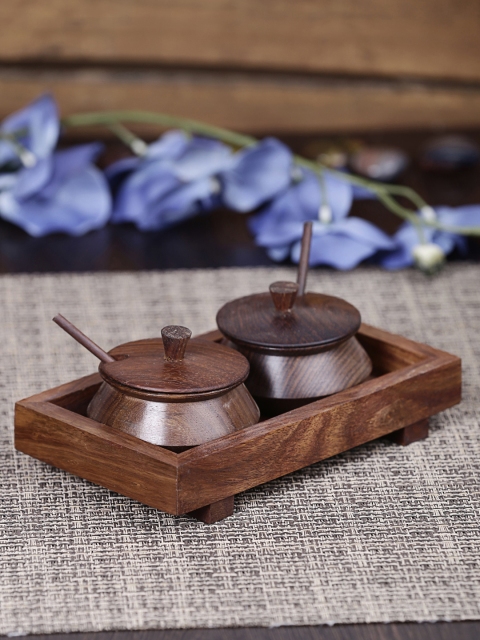 

Unravel India Set Of 2 Brown Wooden Jars With Base Tray and Spoon