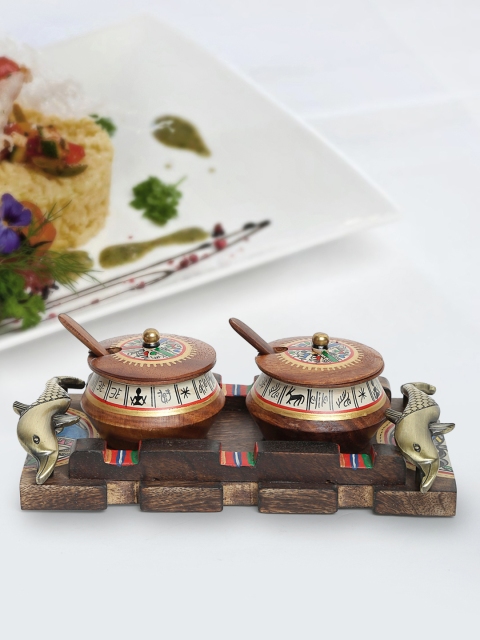 

Unravel India Set Of 2 Brown Hand Painted Wooden Jars With Base Tray and Spoon