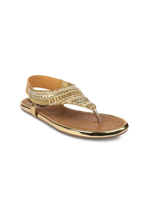 

Shoetopia Women Gold-Toned Solid Embellished Synthetic T-Strap Flats