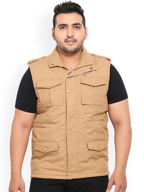 

John Pride Plus Size Men Brown Solid Sleeveless Jacket