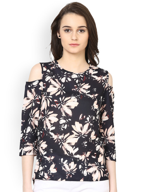 

plusS Women Black Printed Cold Shoulder Top