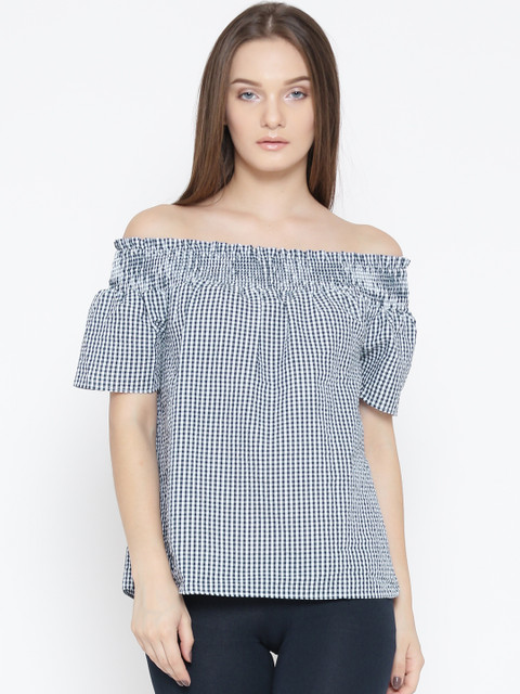 

DOROTHY PERKINS Women Navy & White Checked Bardot Top, Navy blue