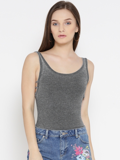 

FOREVER 21 Grey Melange Bodysuit with Cut-Outs