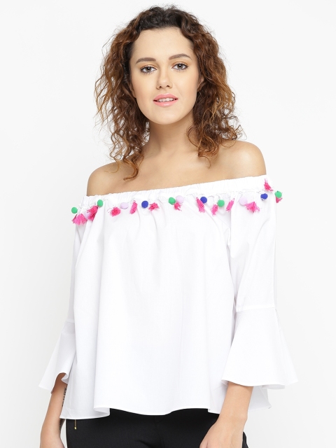 

FOREVER 21 Women White Solid Bardot Top