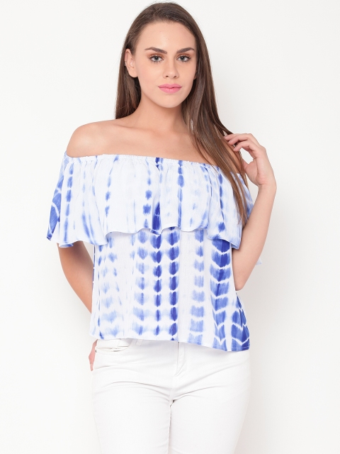 

FOREVER 21 Women Blue & White Tie-Dyed Bardot Top