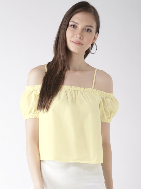 

FOREVER 21 Women Yellow Solid Bardot Top with Gathers