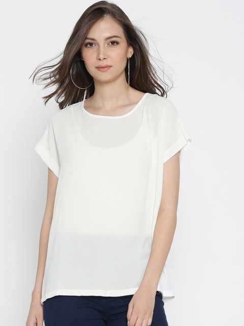 

FOREVER 21 Women White Solid Semi-Sheer Top