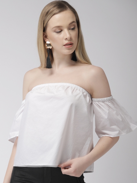 

FOREVER 21 Women White Solid Bardot Top