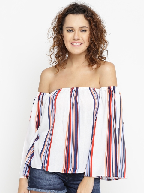 

FOREVER 21 Women White Striped Bardot Top