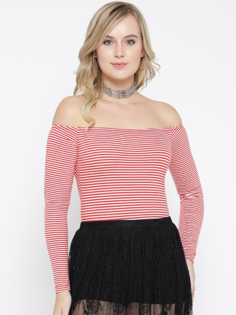 

FOREVER 21 Red & White Striped Off-Shoulder Bodysuit