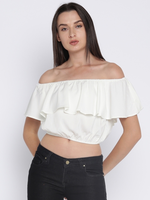 

FOREVER 21 Women White Solid Bardot Crop Top