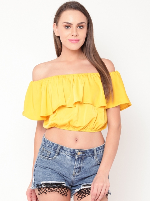 

FOREVER 21 Women Yellow Solid Bardot Top