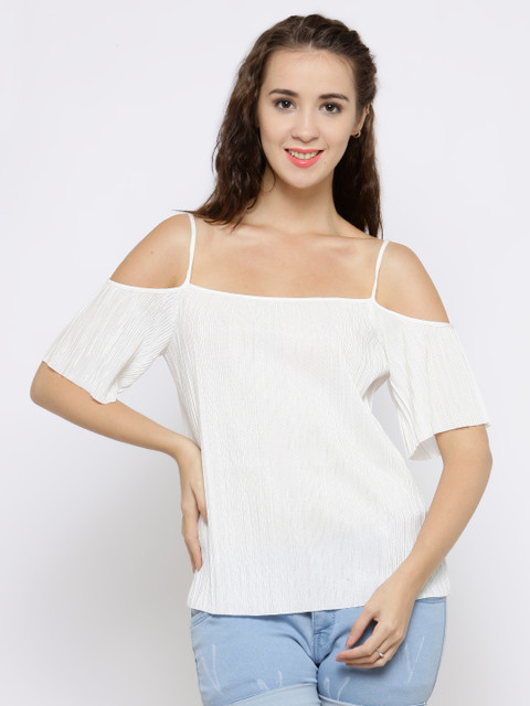 

FOREVER 21 Women Off-White Accordion Pleated Bardot Top