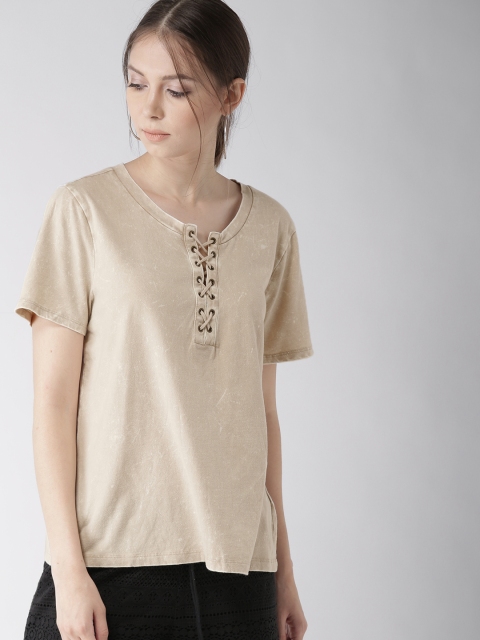 

FOREVER 21 Women Beige Printed Pure Cotton Top
