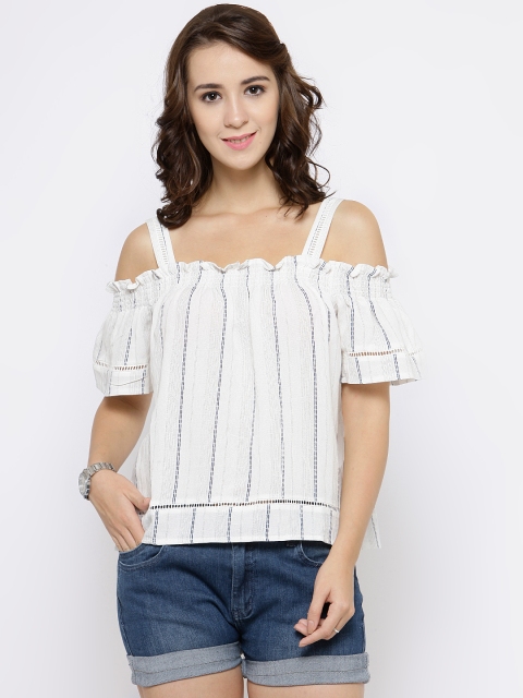 

FOREVER 21 Women Off-White Cold-Shoulder Striped Top