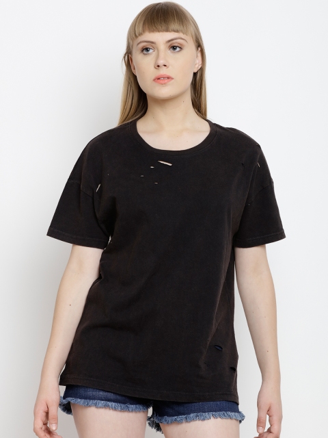 

FOREVER 21 Women Black Solid Round Neck T-shirt
