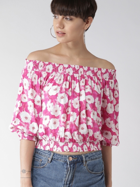 

FOREVER 21 Women Pink & White Printed Crop Bardot Top