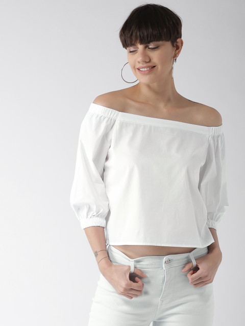 

FOREVER 21 Women White Solid Crop Bardot Top