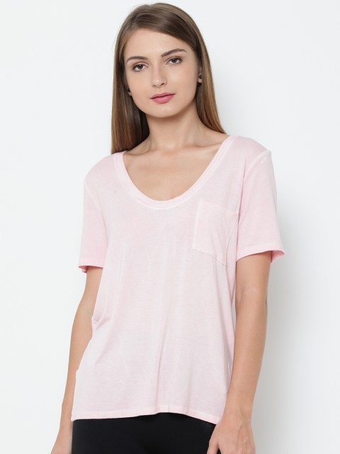 

FOREVER 21 Women Pink Solid Scoop Neck T-shirt