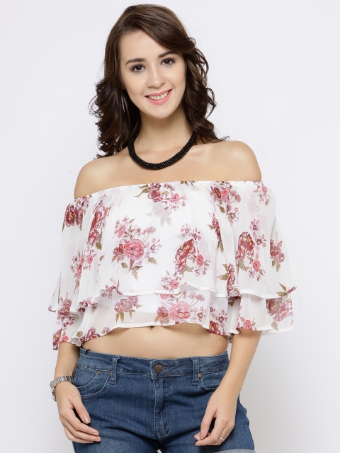 

FOREVER 21 Women White Floral Print Layered Crop Bardot Top