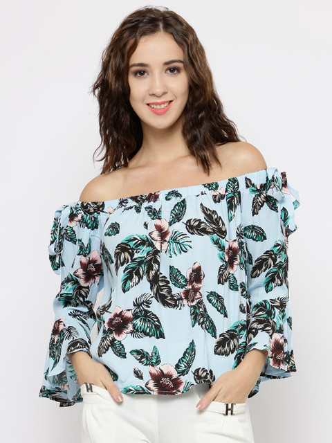 

FOREVER 21 Women Blue Printed Bardot Top