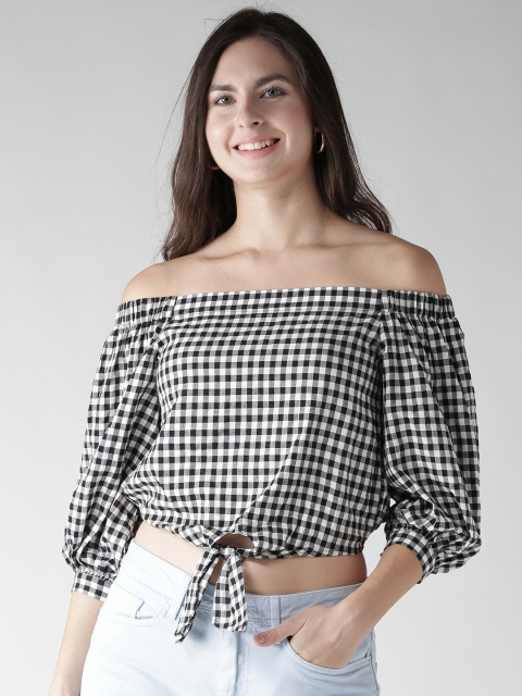 

FOREVER 21 Women Black & White Checked Crop Bardot Top