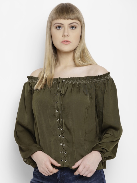 

FOREVER 21 Women Olive Green Solid Bardot Top