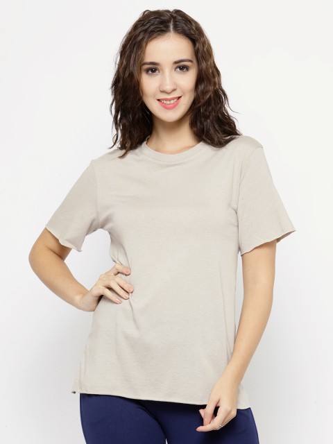 

FOREVER 21 Women Taupe Solid Round Neck T-shirt