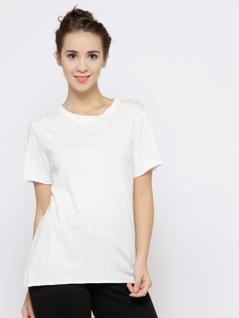 

FOREVER 21 Women White Solid Round Neck T-shirt