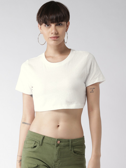 

FOREVER 21 Women White Solid Round Neck Crop T-shirt