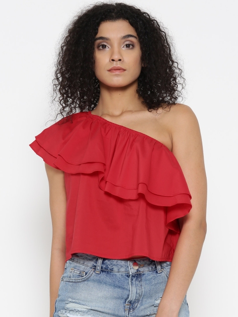 

FOREVER 21 Women Red Solid Layered Crop One-Shoulder A-Line Top