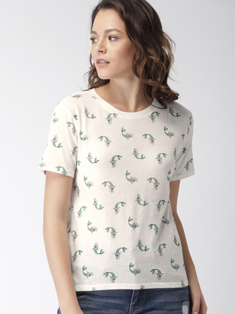 

FOREVER 21 Women White Printed Round Neck T-shirt