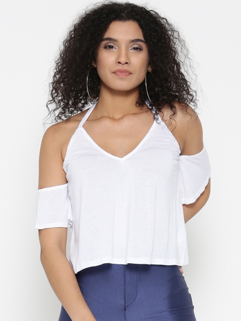 

FOREVER 21 Women White Solid Halter-Neck Crop A-Line Top