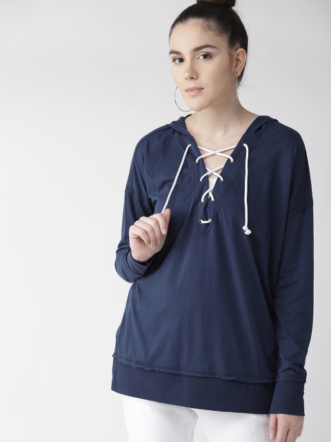 

FOREVER 21 Women Navy Blue Solid Hooded T-shirt