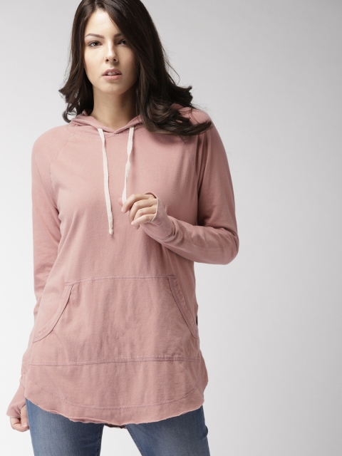 

FOREVER 21 Women Peach-Coloured Solid Hood T-shirt