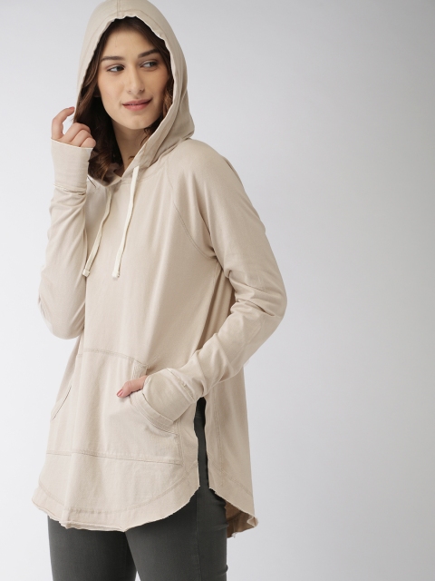 

FOREVER 21 Women Beige Solid Hooded Longline T-shirt, Nude