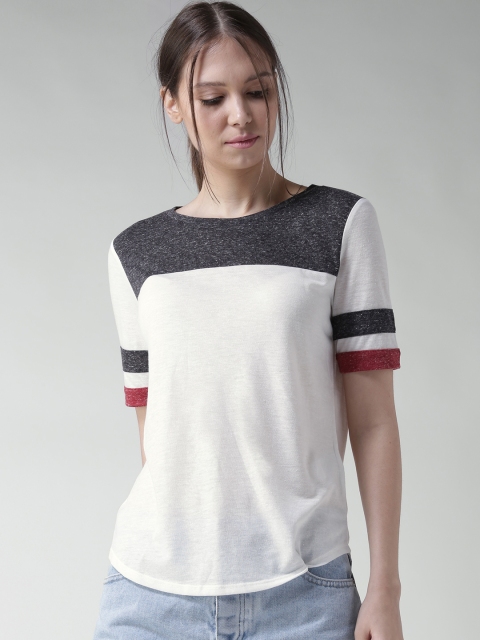 

FOREVER 21 Women White & Charcoal Grey Colourblocked Round Neck T-shirt