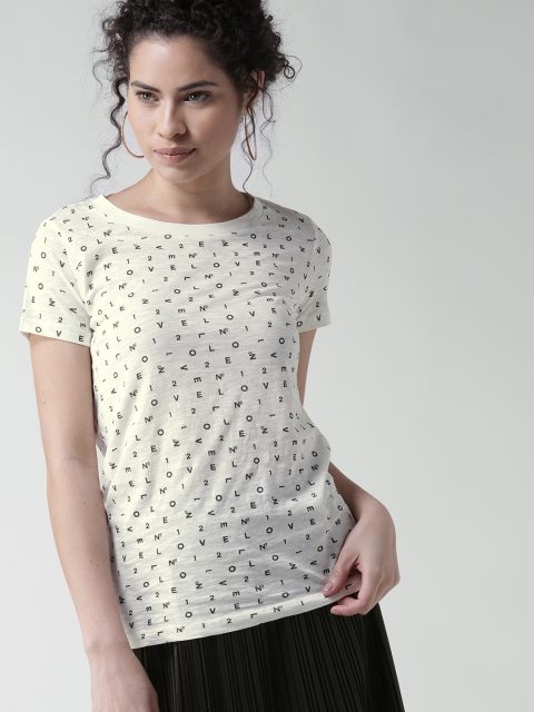

FOREVER 21 Women Cream-Coloured Printed Round Neck T-shirt