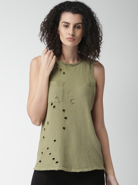 

FOREVER 21 Women Olive Green Solid Pure Cotton Top