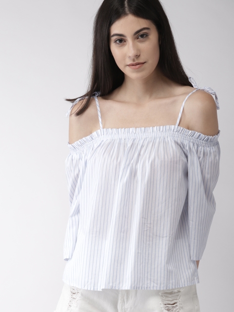 

FOREVER 21 Women White Striped Bardot Top