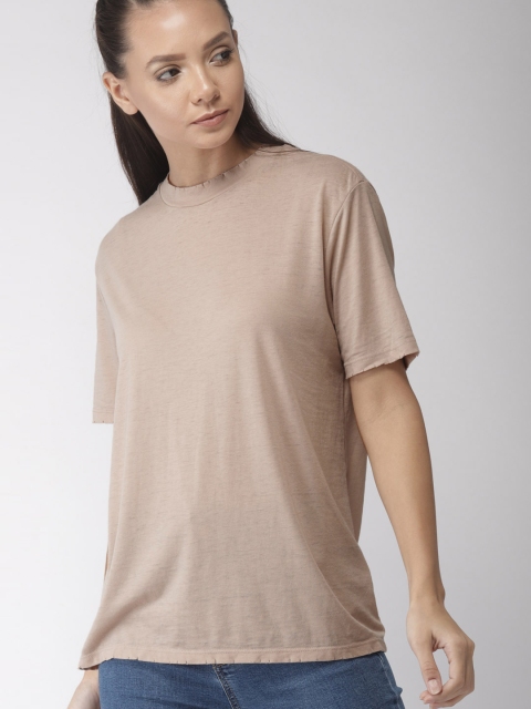 

FOREVER 21 Women Taupe Solid Round Neck T-shirt