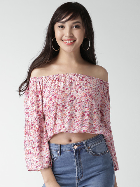 

FOREVER 21 Women Pink Printed Bardot Crop Top