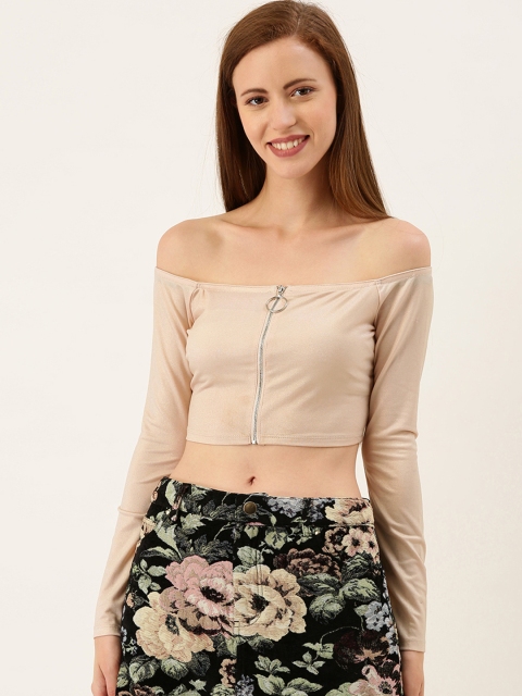 

FOREVER 21 Women Peach-Coloured Solid Knitted Cropped Bardot Top